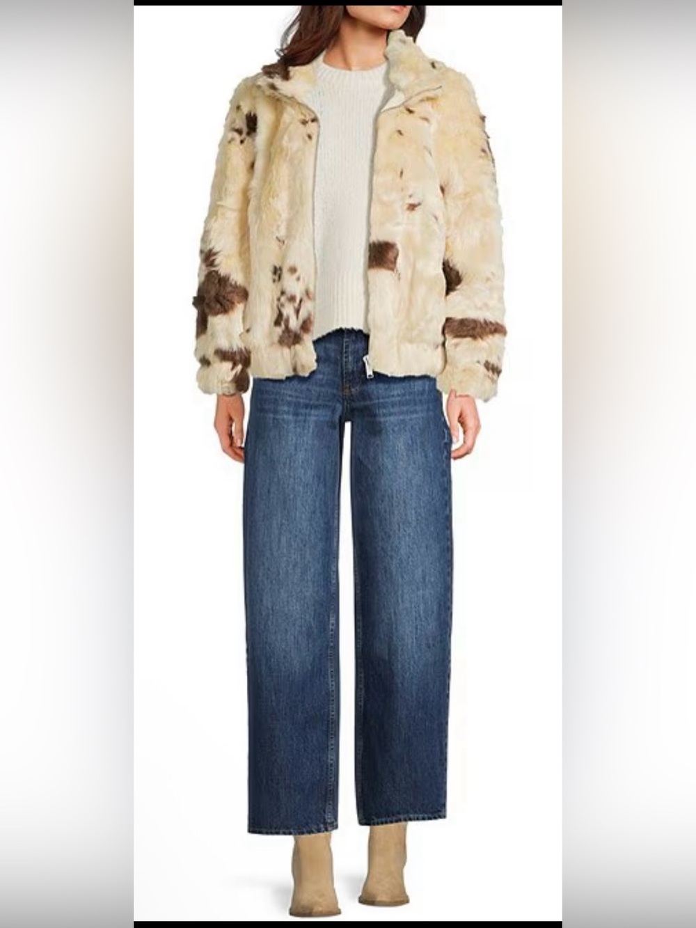 Top Shop Cream & Brown Faux Fur Zip Jacket - Women's Cozy Coat
